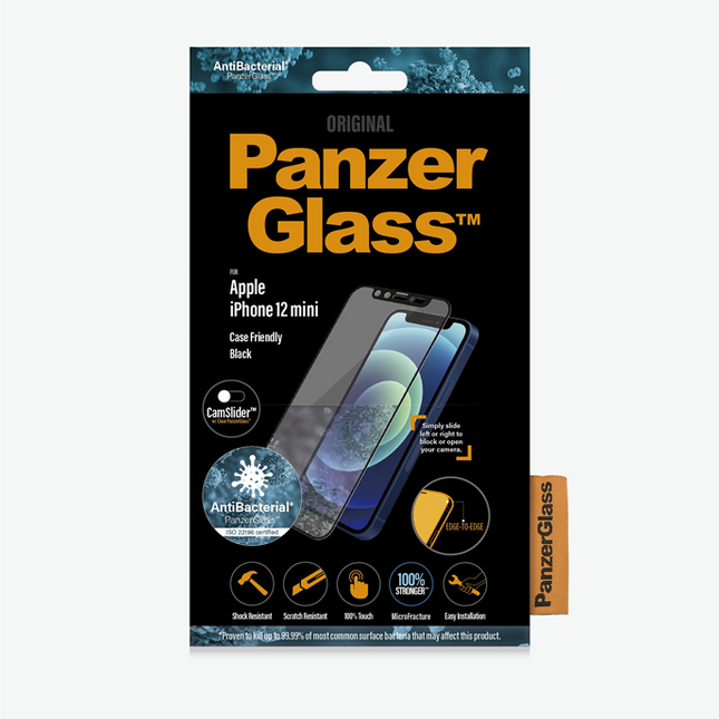PANZER GLASS Apple iPhone 12 Mini - Black (2713) - CamSlider - Screen Protector - Antibacterial glass, Protects the entire screen, Shock absorbing