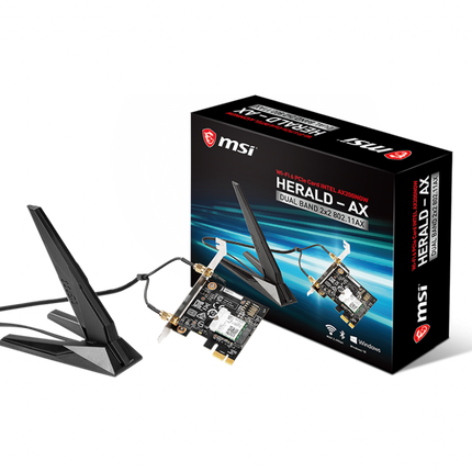 MSI HERALD-AX INTEL AX200NGW WI-FI 6 PCI-E Adapter, PCI-E x1, Bluetooth 5, 2.4 GHz/5 GHz Frequency, 2.4 Gbps Max Speed