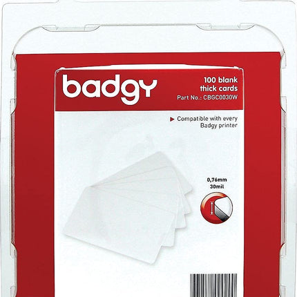 BADGY 100 X THICK Plastic Polyvinyl Chloride PVC cards 076MM-30MIL Printable, Media thickness: 118" Includes 100 cards Color White