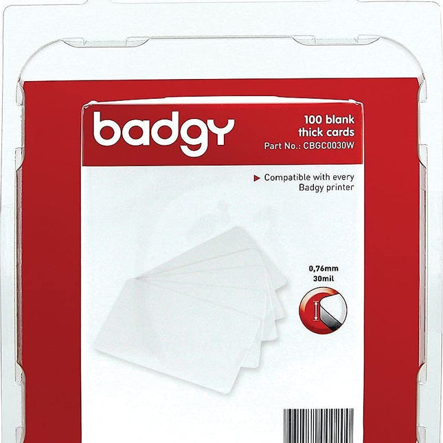BADGY 100 X THICK Plastic Polyvinyl Chloride PVC cards 076MM-30MIL Printable, Media thickness: 118" Includes 100 cards Color White