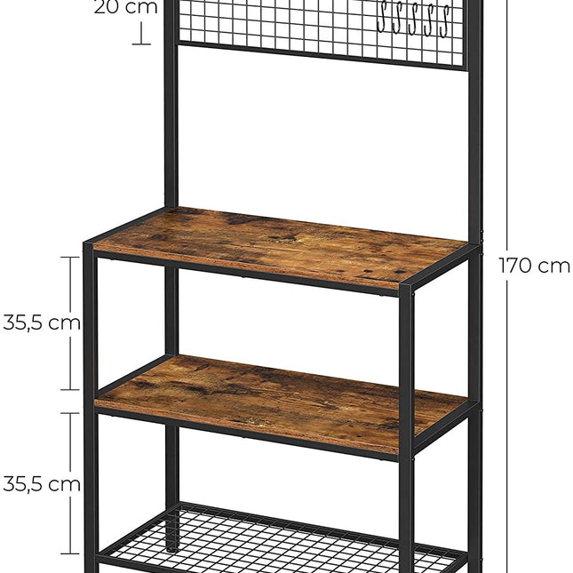 Industrial Kitchen Baker's Rack with Storage Shelves 10 Hooks and Metal Mesh Shelf 84 x 40 x 170 cm Rustic Brown