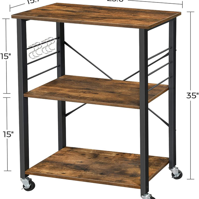 Kitchen Baker's Rack,  3-Tier Serving Cart with Metal Frame and 6 Hooks, Rustic Brown