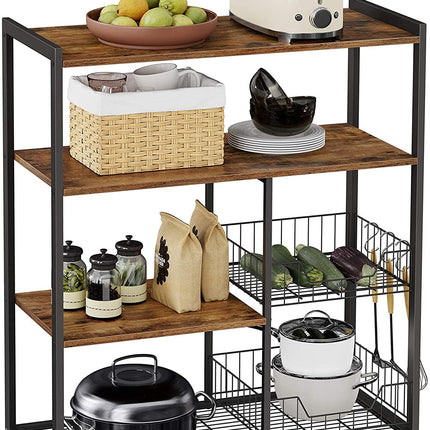 Baker's Rack with 2 Metal Mesh Baskets, Shelves and Hooks, 80 x 35 x 95 cm, Industrial Style, Rustic Brown