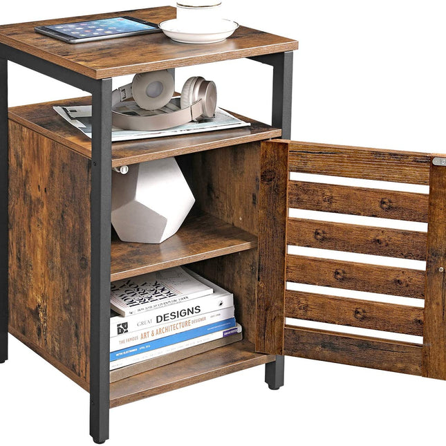 Bedside Table with 2 Adjustable Shelves Steel Frame 40 x 40 x 60 cm Rustic Brown and Black