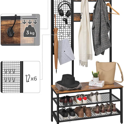 Coat Rack Stand Industrial Style with Grid Wall and Shoe storage 185 cm Tall Rustic Brown