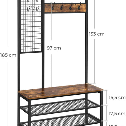 Coat Rack Stand Industrial Style with Grid Wall and Shoe storage 185 cm Tall Rustic Brown