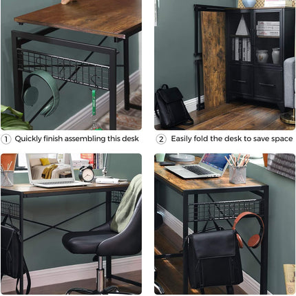 Computer Desk with 8 Hooks Rustic Brown and Black