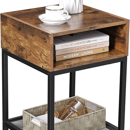 Side Table with Open Compartment and Mesh Shelf Rustic Brown and Black