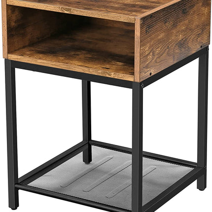 Side Table with Open Compartment and Mesh Shelf Rustic Brown and Black