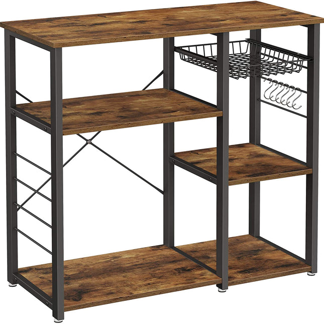 Kitchen Shelf with Steel Frame Wire Basket and 6 Hooks Rustic Brown and Black
