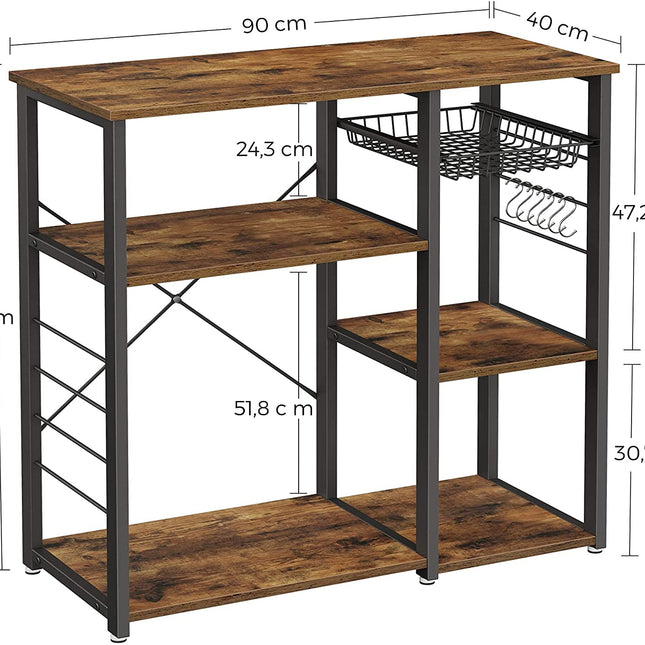 Kitchen Shelf with Steel Frame Wire Basket and 6 Hooks Rustic Brown and Black