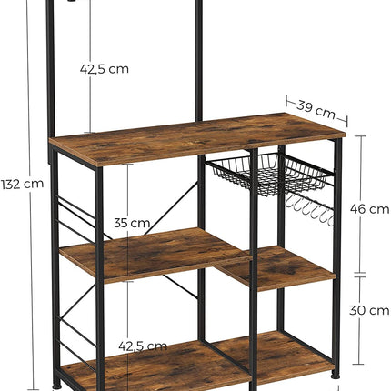 Kithcen Baker's Rack with Shelves Microwave Stand with Wire Basket and 6 S-Hooks Rustic Brown