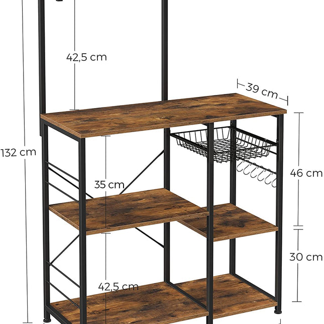 Kithcen Baker's Rack with Shelves Microwave Stand with Wire Basket and 6 S-Hooks Rustic Brown