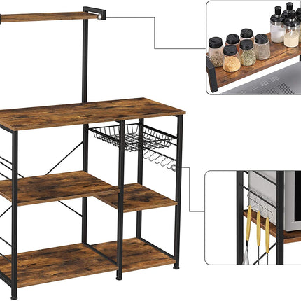 Kithcen Baker's Rack with Shelves Microwave Stand with Wire Basket and 6 S-Hooks Rustic Brown
