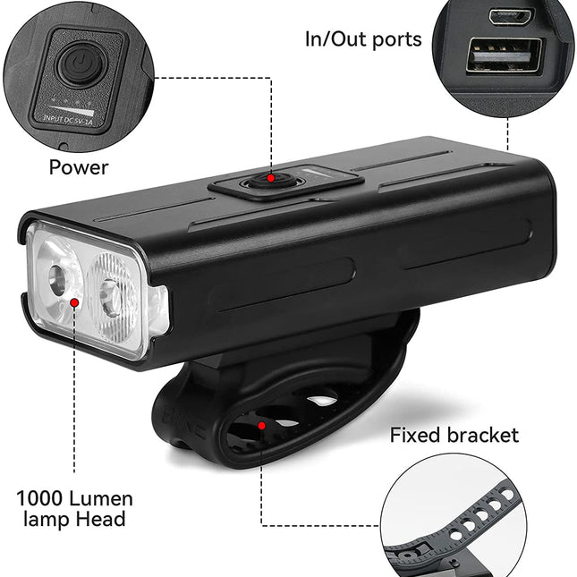 Bike 360 Light Front USB Rechargeable 1000 Lumen IPX4 Waterproof and Built in 2500mAh Powerbank Led Bicycle Lighting