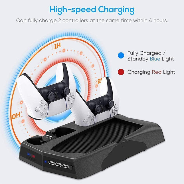Vertical Stand Cooling/Charging Station for PS5 with Dual Controller Charger and Bonus Game Rack Storage 3 USB Ports