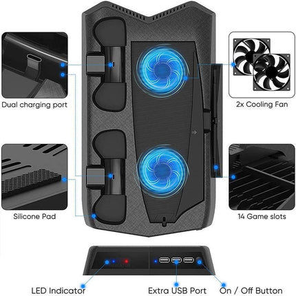 Vertical Stand Cooling/Charging Station for PS5 with Dual Controller Charger and Bonus Game Rack Storage 3 USB Ports