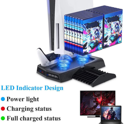 Vertical Stand Cooling/Charging Station for PS5 with Dual Controller Charger and Bonus Game Rack Storage 3 USB Ports