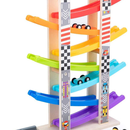Car Ramp Racer Toy for Toddler - Baby Car Race Track Vehicle Playsets with 6 Wooden Race Cars, 1 Parking Garage, 3 Extra Bridges and 6 Car Ramps for Boys & Girls