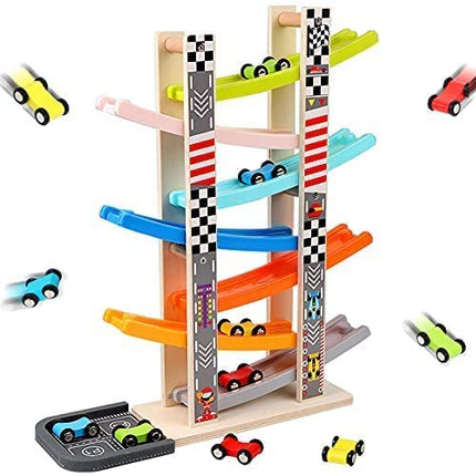 Car Ramp Racer Toy for Toddler - Baby Car Race Track Vehicle Playsets with 6 Wooden Race Cars, 1 Parking Garage, 3 Extra Bridges and 6 Car Ramps for Boys & Girls