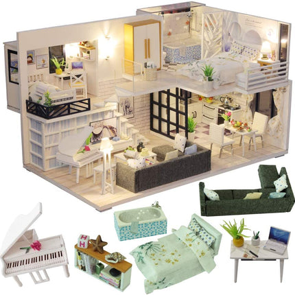 Dollhouse Miniature with Furniture Kit Plus Dust Proof and Music Movement - Happy time (1:24 Scale Creative Room Idea)