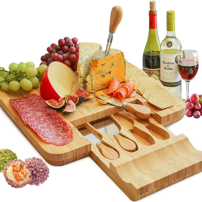 Bamboo Cheese Board Set with Cutlery in Slide-Out Drawer Including 4 Stainless Steel Serving Utensils