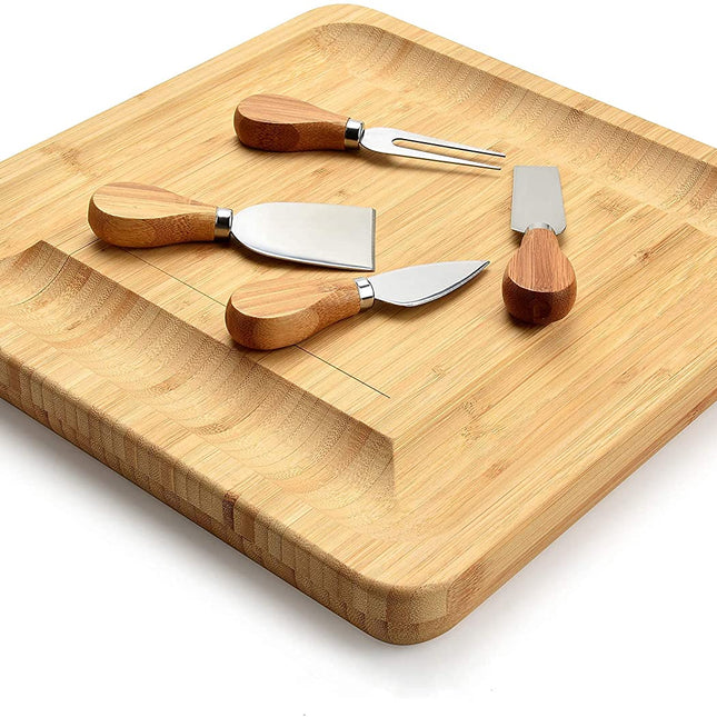 Bamboo Cheese Board Set with Cutlery in Slide-Out Drawer Including 4 Stainless Steel Serving Utensils