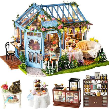 Dollhouse Miniature with Furniture Kit Plus Dust Proof and Music Movement - Rosa Garden Tea