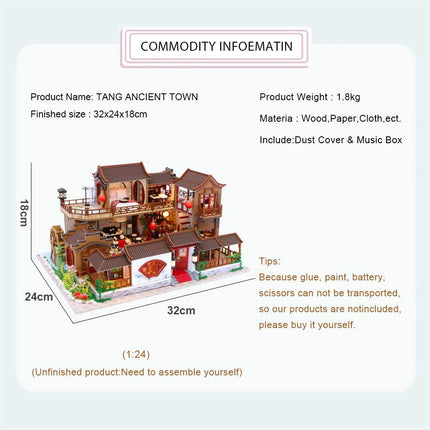 Dollhouse Miniature with Furniture Kit Plus Dust Proof and Music Movement - Tang Dynasty Town (1:24 Scale Creative Room Idea)