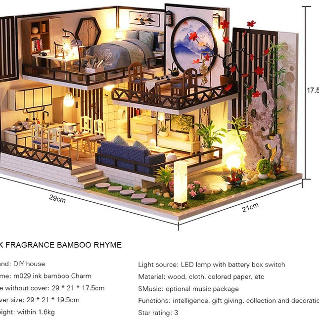 Dollhouse Miniature with Furniture Kit Plus Dust Proof and Music Movement - Bamboo Fragrance (1:24 Scale Creative Room Idea)