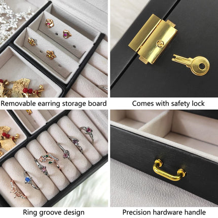 Portable Travel Jewelry box with three-layer PU leather storage box, mirror and lock