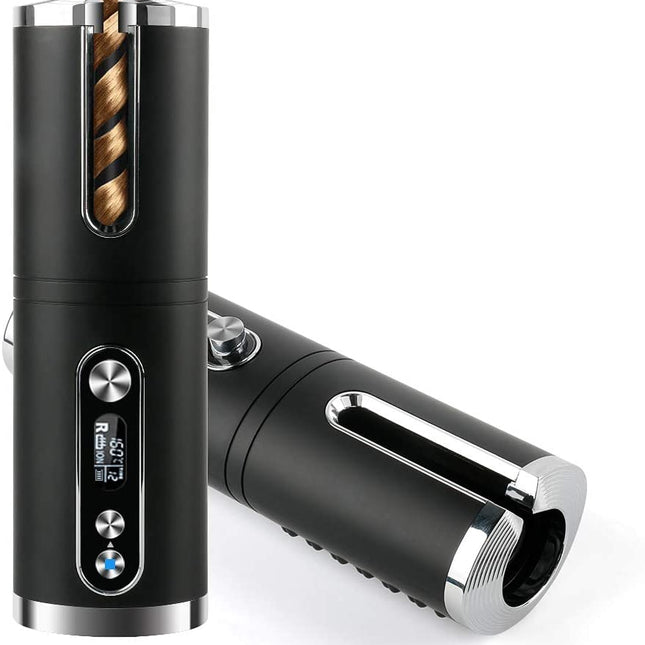 Portable Wireless Automatic Hair Curler for Travel with LED Temperature Display, Timer and USB Rechargeable (Black)