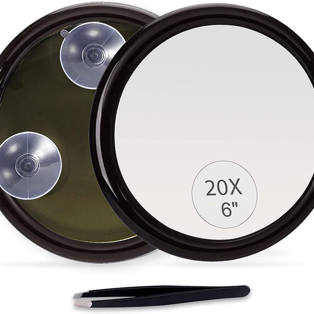 20X Magnifying Hand Mirror with Suction Cups Use for Makeup Application, Tweezing, and Blackhead/Blemish Removal (15 cm Black)