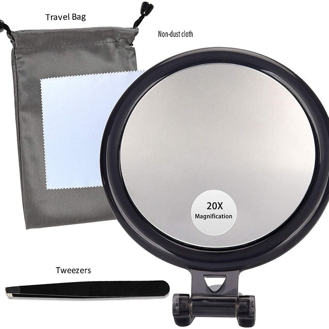 20X Magnifying Hand Mirror Two Sided Use for Makeup Application, Tweezing, and Blackhead/Blemish Removal (10 cm Black)