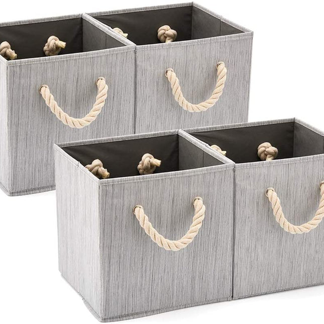 Pack of 4 Foldable Fabric Storage Cube Bins with Cotton Rope Handle and Collapsible Water Resistant Basket Box Organizer for Shelves (Grey)