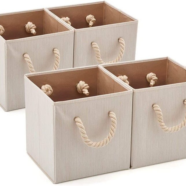 Pack of 4 Foldable Fabric Storage Cube Bins with Cotton Rope Handle and Collapsible Water Resistant Basket Box Organizer for Shelves (Beige)