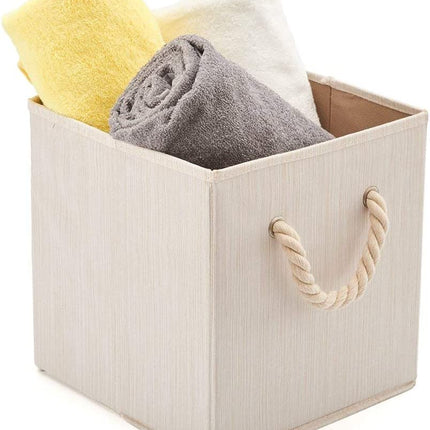 Pack of 4 Foldable Fabric Storage Cube Bins with Cotton Rope Handle and Collapsible Water Resistant Basket Box Organizer for Shelves (Beige)