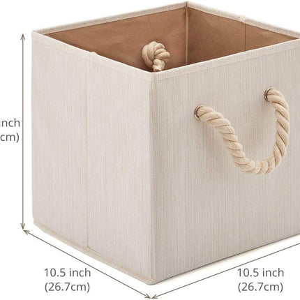 Pack of 4 Foldable Fabric Storage Cube Bins with Cotton Rope Handle and Collapsible Water Resistant Basket Box Organizer for Shelves (Beige)