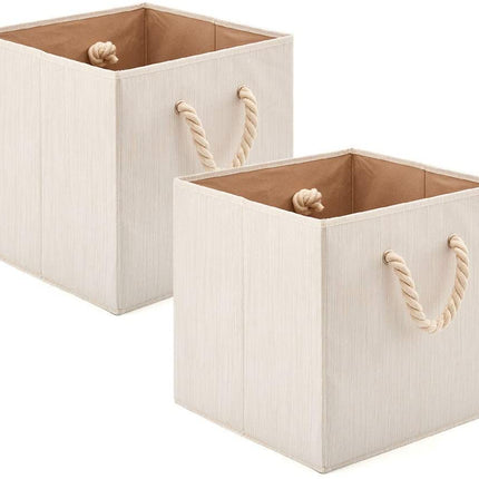 Pack of 2  Foldable Bamboo Fabric Storage Bin with Cotton Rope Handle and Collapsible Resistant Basket Box Organizer for Shelves - Beige (33 x 33 x 33 cm)