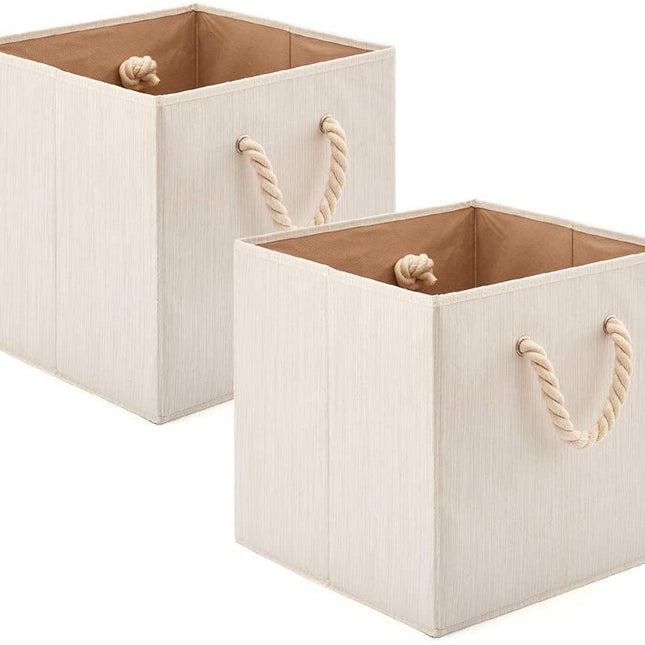 Pack of 2  Foldable Bamboo Fabric Storage Bin with Cotton Rope Handle and Collapsible Resistant Basket Box Organizer for Shelves - Beige (33 x 33 x 33 cm)