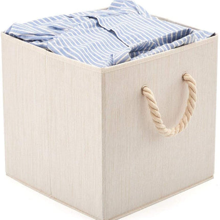 Pack of 2  Foldable Bamboo Fabric Storage Bin with Cotton Rope Handle and Collapsible Resistant Basket Box Organizer for Shelves - Beige (33 x 33 x 33 cm)