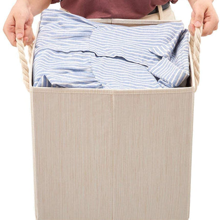 Pack of 2  Foldable Bamboo Fabric Storage Bin with Cotton Rope Handle and Collapsible Resistant Basket Box Organizer for Shelves - Beige (33 x 33 x 33 cm)