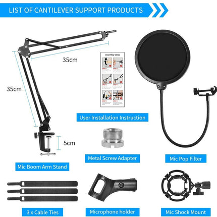 Microphone Radio Broadcasting Stand with 3/8"to 5/8" Screw Adapter and Windscreen Pop Filter