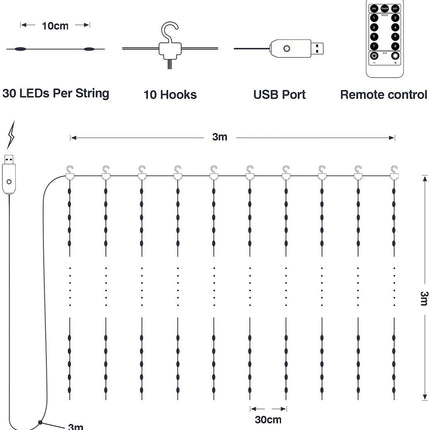 LED String Lights Curtain for Bedroom Wall Party, 8 Modes, USB Powered and IP64 Waterproof (3m x 3m)