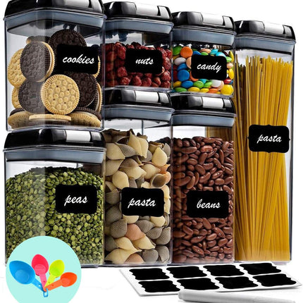 7 Pieces Airtight Food Storage and BPA Free Plastic with Easy Lock Black Lids Labels for Kitchen