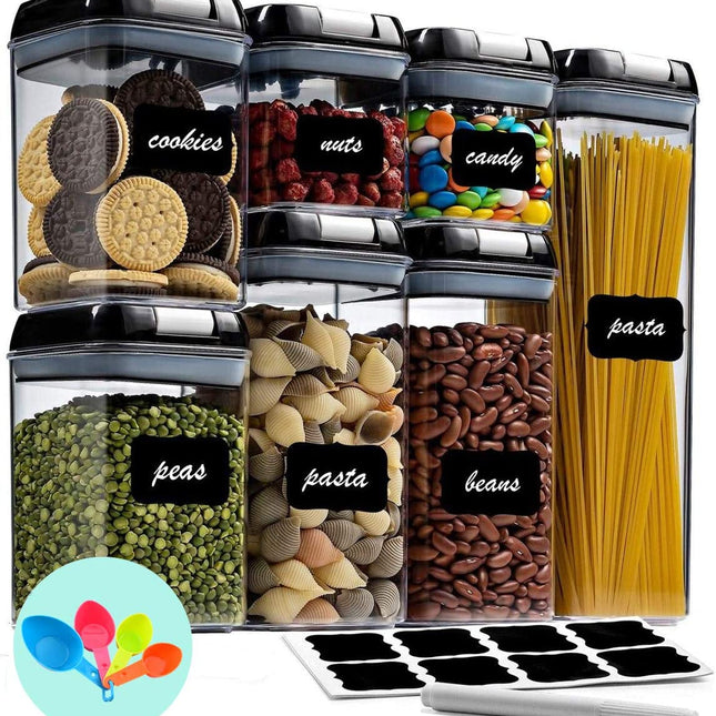 7 Pieces Airtight Food Storage and BPA Free Plastic with Easy Lock Black Lids Labels for Kitchen