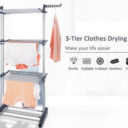 3 Tier Foldable Clothes Drying Rack for Laundry Dryer with Hanger Stand Rail Indoor