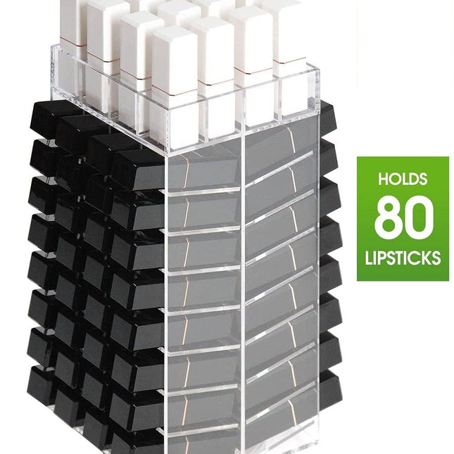 360 Rotating Lipstick Clear Acrylic Display Rack Organizer Stand Lazy Susan Makeup Cosmetics Storage Case Box Carousel Stunning Shelf with 80 Compartments