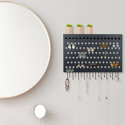 Wall Mount Earring Jewelry Hanger Organizer Holder with 109 Holes and 19 Hooks (Black)