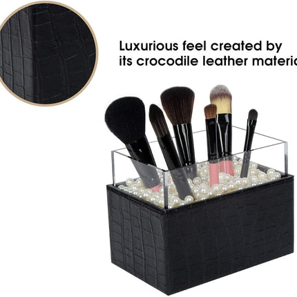 Leather Makeup Brush Cosmetic Organiser Storage Box with Pink Pearls and Acrylic Cover (Black)